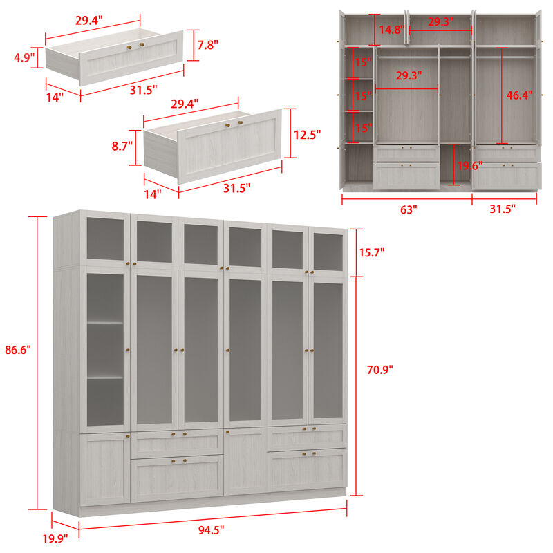 FUFU&GAGA Modern Modular Wardrobe with Frosted Glass Doors, Gold Handles, 4 Drawers & 3 Hanging Rods, Configurable Closet System for Bedroom Organization,(94.5" W x 19.9" D x 86.6" H),White