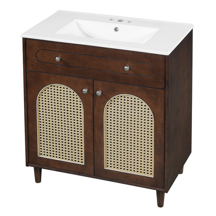 ELEMENT ACE 30 Inch Bathroom Vanity with Integrated Ceramic Sink, Sturdy Solid Wood Frame Storage Cabinet with Adjustable Shelf, Tip-Out Drawer and Rattan Front Panels