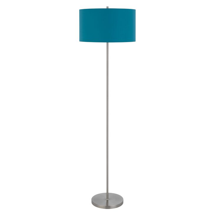 Sie 59 Inch Floor Lamp, Aqua Blue Linen Shade, Round Base, Silver Metal - Benzara