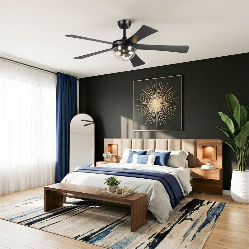 52" Modern Matte Black Reversible DC Motor Ceiling Fan with Light and Remote image number 3