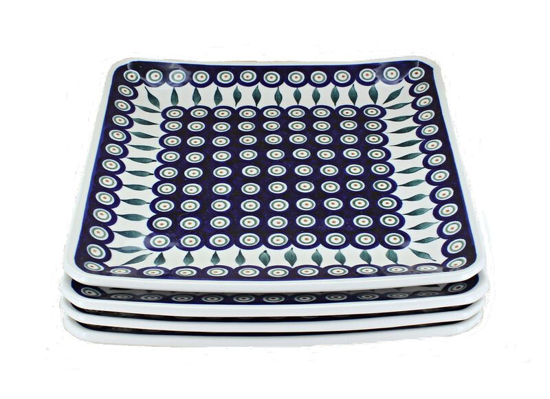 Blue Rose Polish Pottery Peacock Square Dinner Plate Set