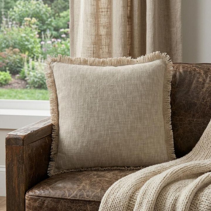 HomeRoots 22" Taupe Cotton Throw Pillow With Fringe