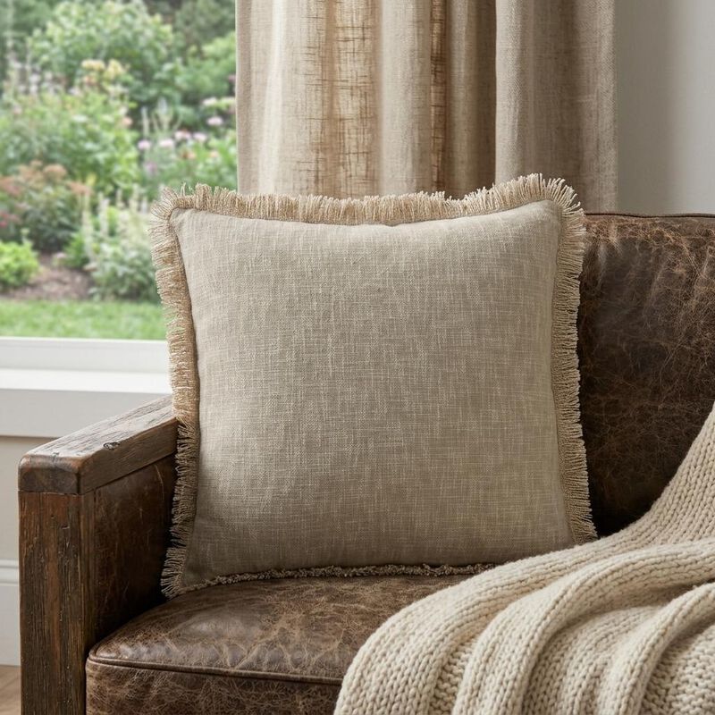 HomeRoots 22" Taupe Cotton Throw Pillow With Fringe image number 1