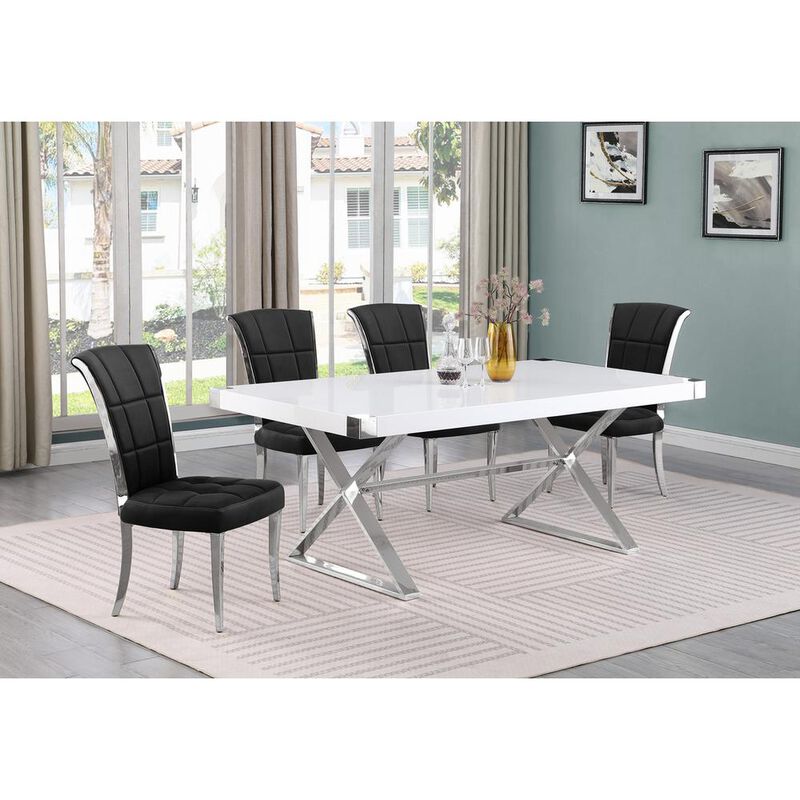 Best Quality Furniture 5pc Small(78) white wood top dining set with silver base and 4 chairs