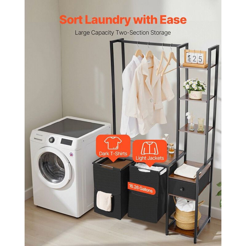 Freestanding Laundry Hamper with Rack, 3 Tier Shelves and 2 Section Sorter with Drawers-Black image number 6