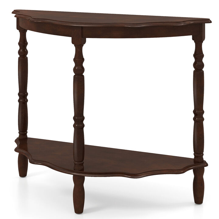 Half Round Console Table with Storage Shelf and Rubber Wood Legs-Espresso
