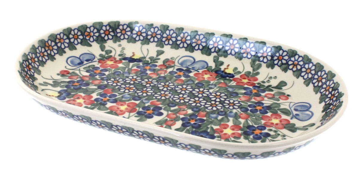 Blue Rose Polish Pottery Holiday Pine Medium Oval Dish