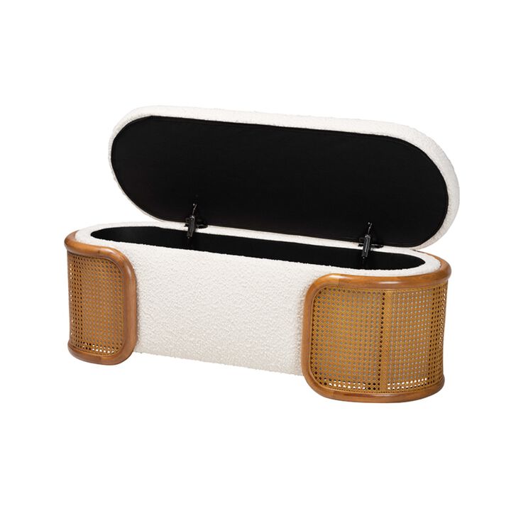 Baxton Studio Basira Japandi Cream Boucle Fabric Storage Bench with Woven Rattan
