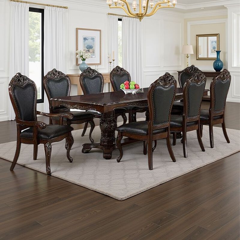 Zenie 9pc Dining Set, Classy Cherry Brown Wood Table, 8 Carved Chairs - Benzara image number 5