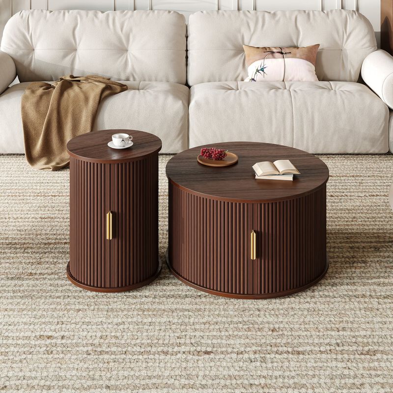 Mid Century Coffee Table Set with Sliding Tambour Door Fluted Round End Table with Storage image number 2