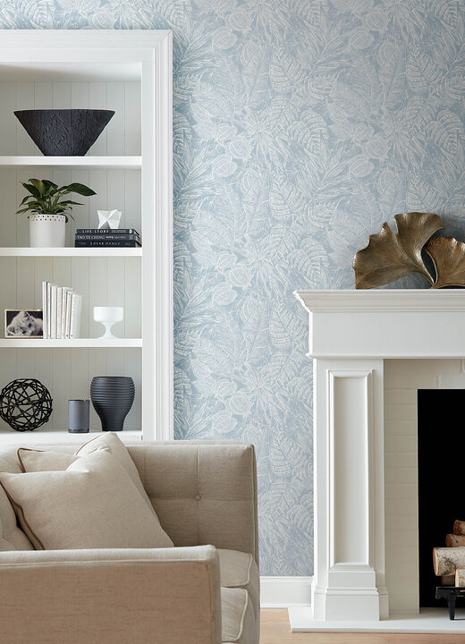 Brentwood Sky Blue Palm Leaves Wallpaper