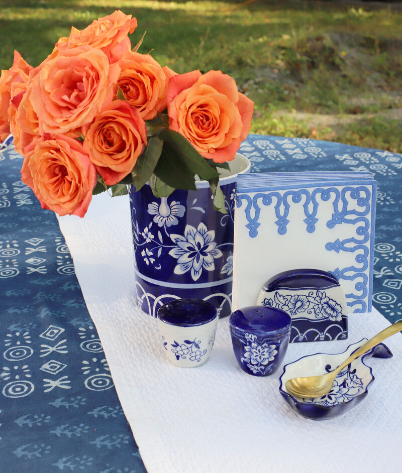 Blue Garden Table Accessory Set &mdash; Salt & Pepper Shakers and Napkin Holder, Blue & White Stoneware