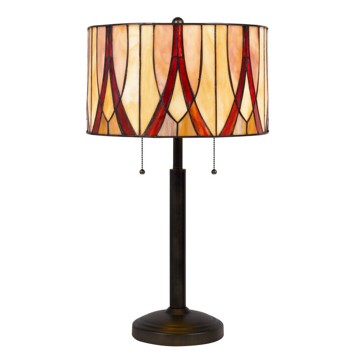 Hivvago 24" Bronze Metal Two Light Table Lamp With Red And Ivory Drum Shade