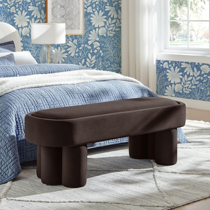 Modway Mossi 52-Inch Modern Oval Performance Velvet Bench in Alabster &ndash; Upholstered Accent Bench with Cylindrical Clover-Leg Base for Bedroom, Entryway, or Living Room