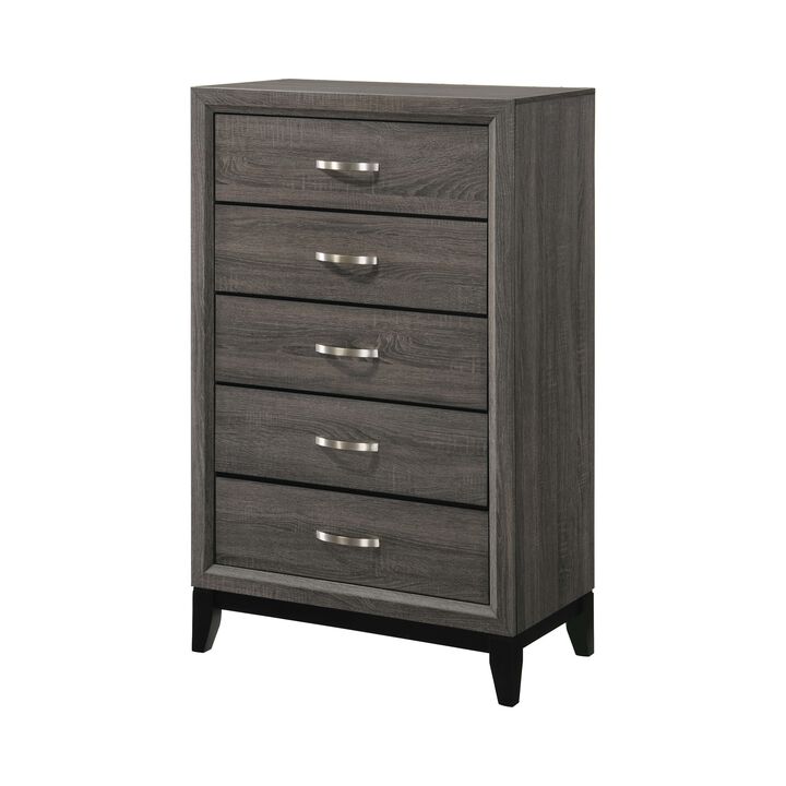 5 Drawer Transitional Chest with Chamfered Feet and Curved Handles, Gray-Benzara