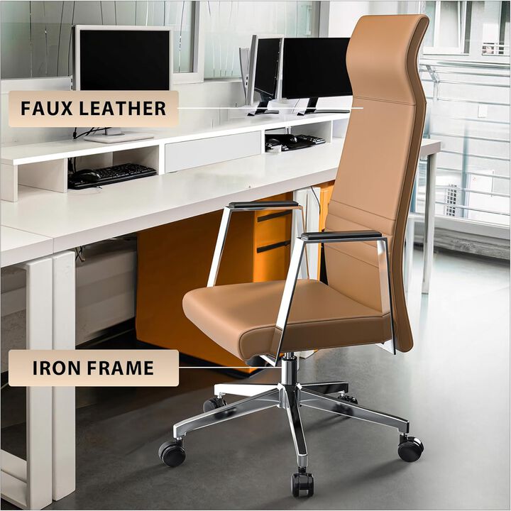 LeisureMod Aleen Modern High-Back Office Chair in Upholstered Leather and Iron Frame with Swivel and Tilt