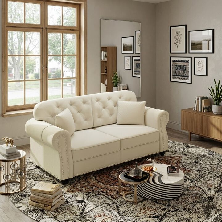 63" Velvet Chesterfield Sofa with Nailhead Trim and 2 Pillows