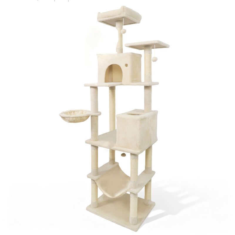 80" Multi-Level Cat Tree Tower with Two Large Condos and Hanging Toys image number 0