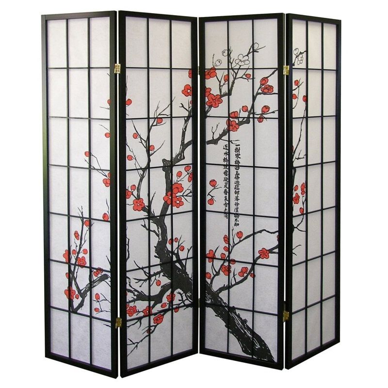 Streamdale Black Japanese 4-Panel Screen Room Divider, Plum Blossom image number 0