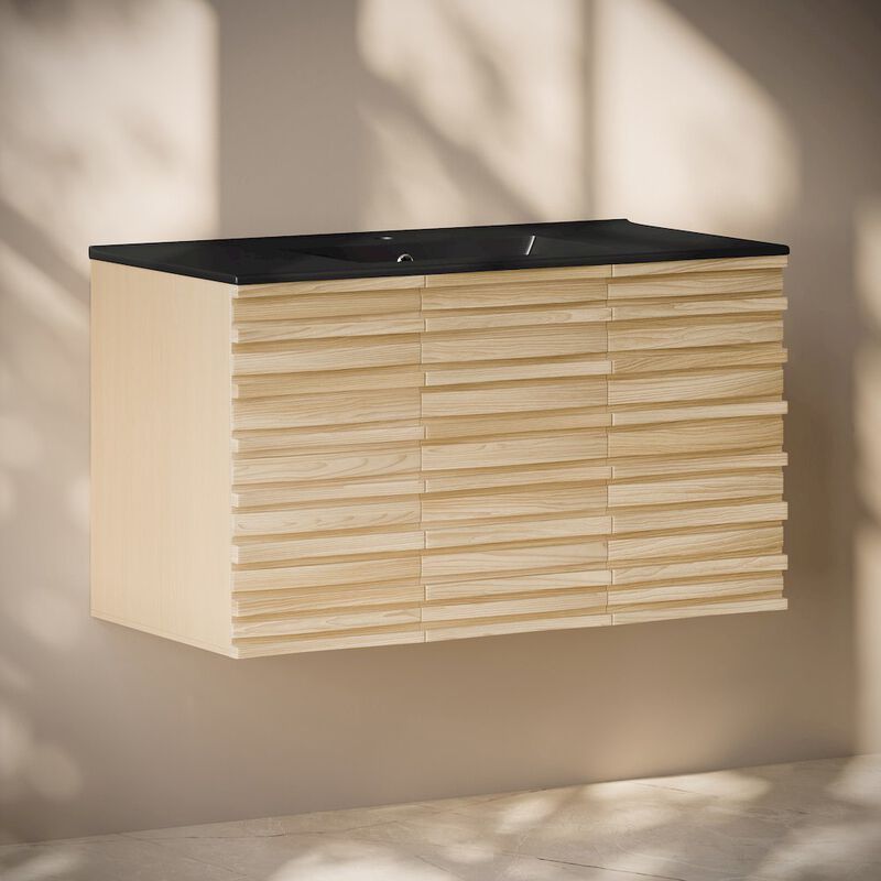 Cascade 36" Wall-Mounted Bathroom Vanity in Natural Oak with Black Sink Top image number 1