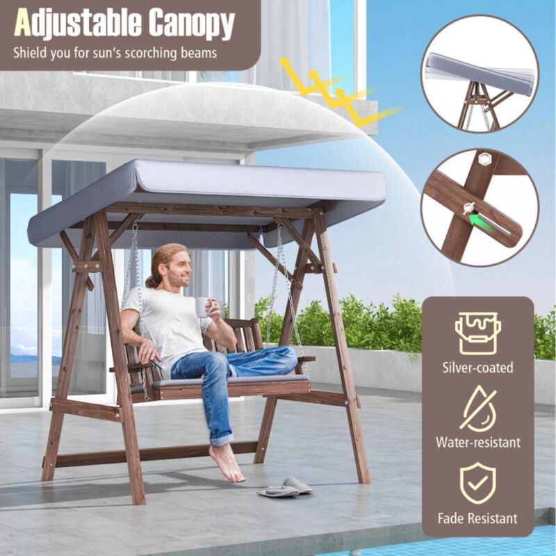 Hivvago 2-Person Porch Swing with Fir Wood Stand and Tilt Canopy