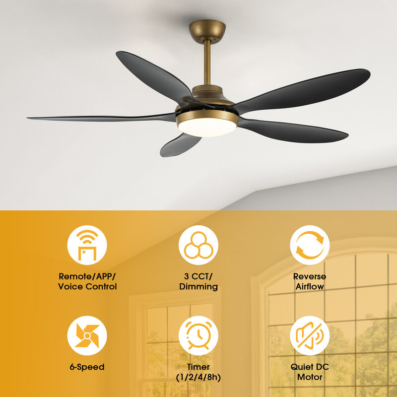 52" Antique Brass Smart Ceiling Fan with Light and Remote, App Control, Voice Control