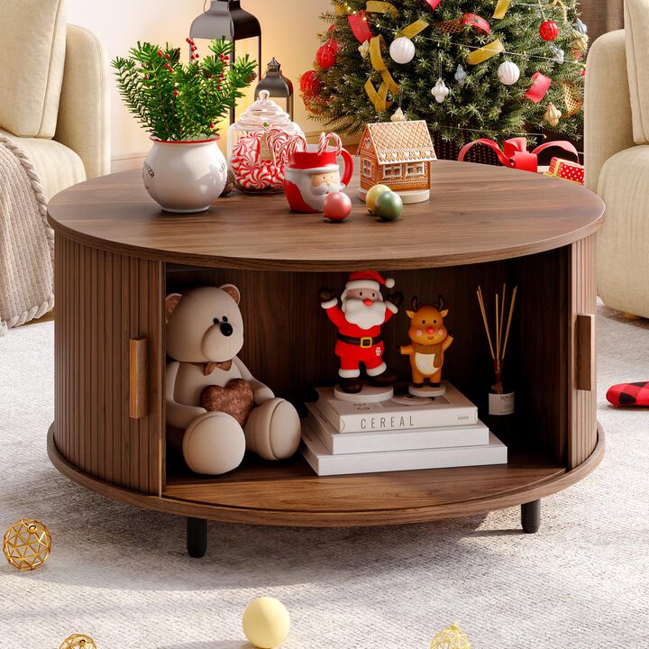 Round Coffee Table 31.5" 360&deg; Sliding Door Storage Fluted Wood Living Room