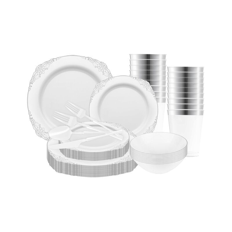 White with Silver Fancy Round Plastic Tableware Set (120 Sets) image number 2