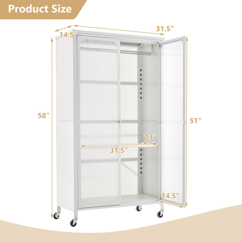 Rolling Storage Armoire Closet with Hanging Rod and Adjustable Shelf-White
