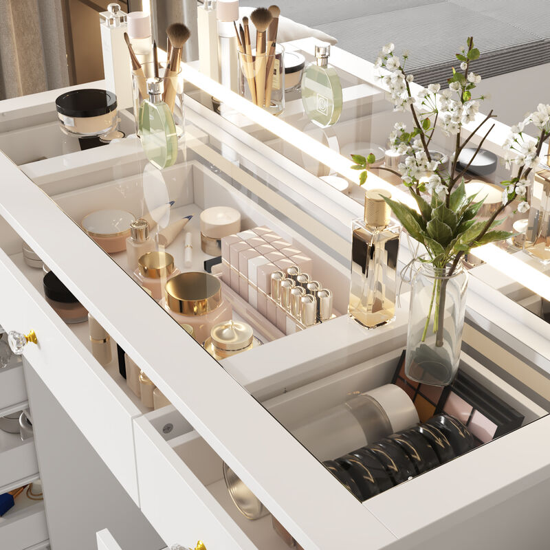 FUFU&GAGA Large Mirror Vanity Dresser with 9 Drawers & LED Lighting, Tempered Glass Top, Open Shelf, and Crystal Knobs, Modern White Finish (43.3 in.  W x 15 in.  D x 55 in.  H),White