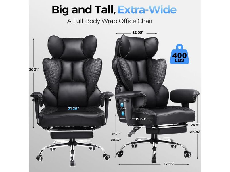 Office Chair &ndash; Big & Tall Leather Gaming Seat with Footrest, Recline & Lumbar Support image number 2