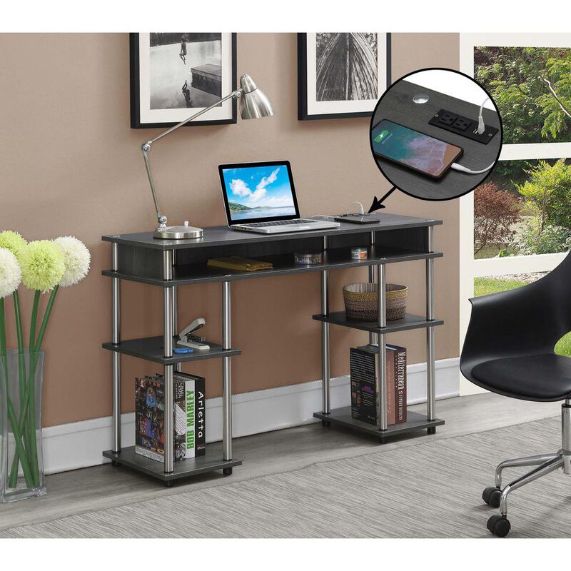 Convenience Concepts Designs2Go No Tools Student Desk with Charging Station, Charcoal Gray