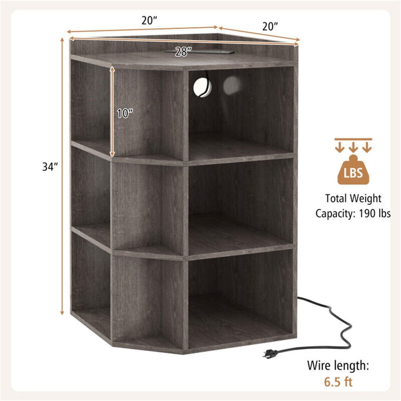 3-Tier Corner Cabinet with Built-In Charging Station & Storage Shelves