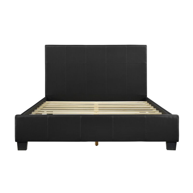 Renz Queen Size Platform Bed, Black Faux Leather Upholstery, Wood Frame - Benzara