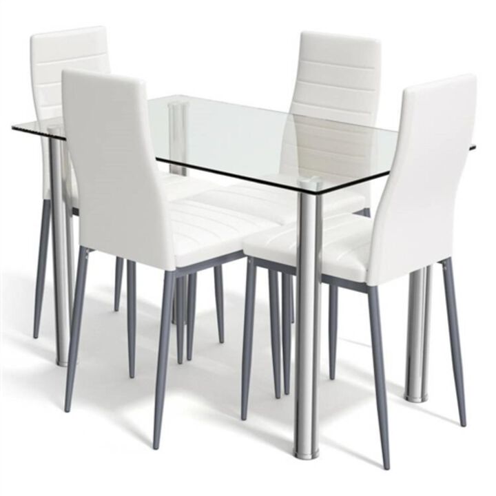 Hivvago Modern 5 Piece Dining Set with Glass Top Table and 4 White PVC Leather Chairs