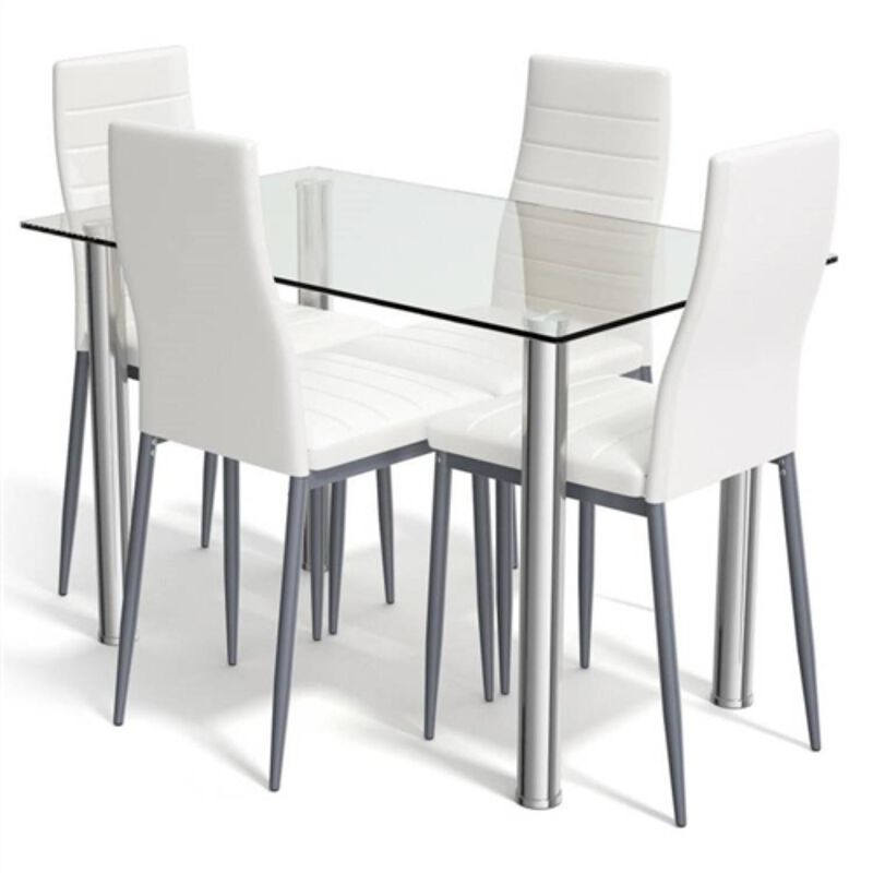 Hivvago Modern 5 Piece Dining Set with Glass Top Table and 4 White PVC Leather Chairs