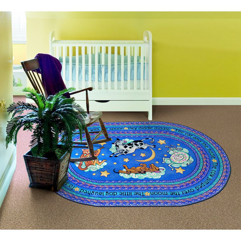 Joy Carpets Kid Essentials Hey Diddle Diddle 7'8 x 10'9 Oval Area Rug in Color Blue