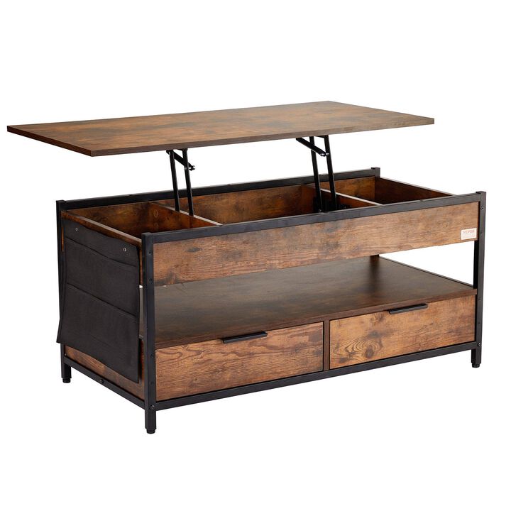 VEVOR Lift Top Coffee Table 39.4 Rectangle Coffee Table with Light & USB Brown