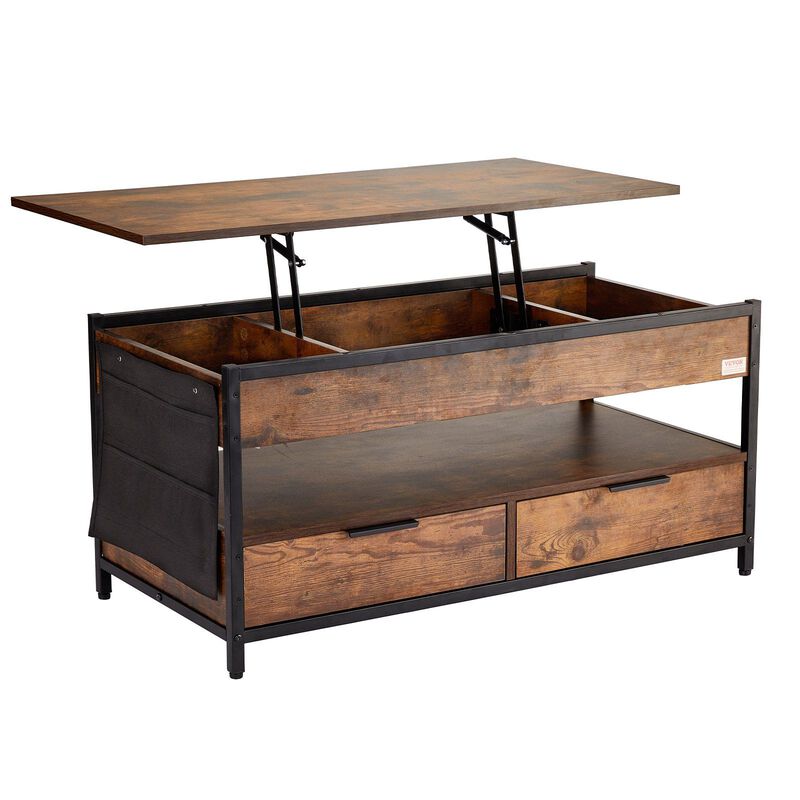 VEVOR Lift Top Coffee Table 39.4 Rectangle Coffee Table with Light & USB Brown