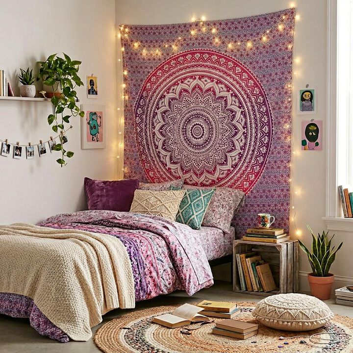 HomeRoots 92" X 84" Pink And White Mandala Cotton Hanging Tapestry