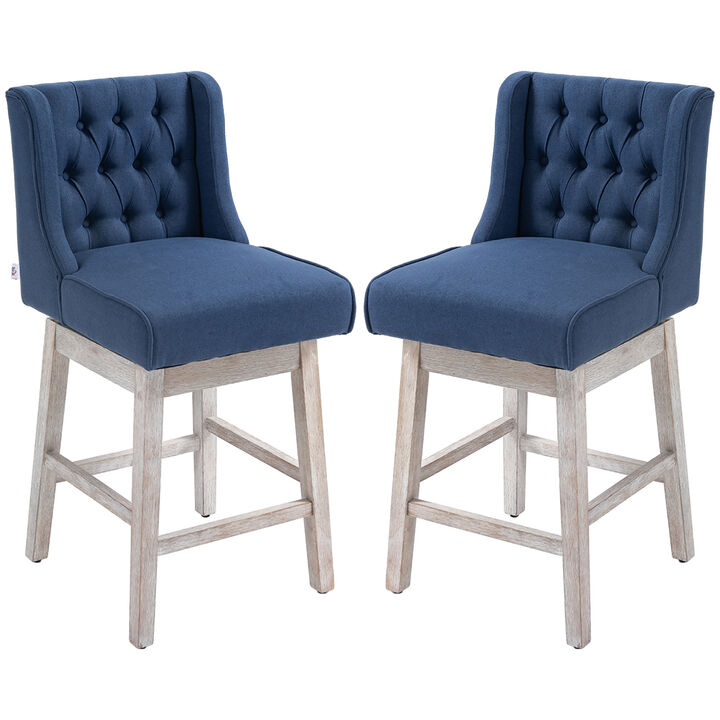 HOMCOM Counter Height Bar Stools Set of 2, 180 Degree Swivel Barstools, 27" Seat Height Bar Chairs with Solid Wood Footrests and Button Tufted Design, Blue