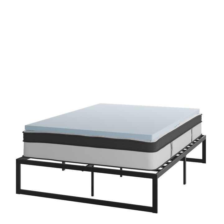 Leo 14 Inch Metal Platform Bed Frame with 12 Inch Pocket Spring Mattress in a Box and 2 Inch Cool Gel Memory Foam Topper - Queen