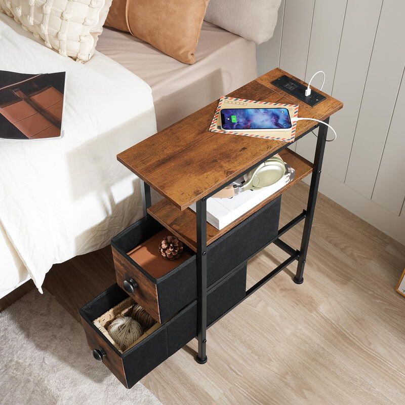 HOOBRO End Table with Charging Station, Narrow Side Table with 2 Fabric Drawers, Skinny Nightstand with Storage, Slim Bedside Ta