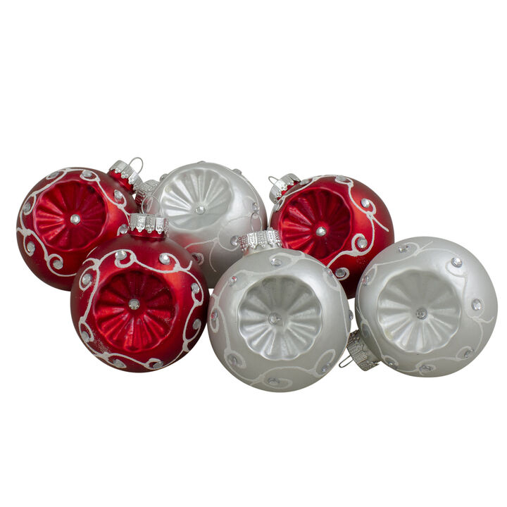 6ct Red and Silver Retro Reflector Matte Glass Christmas Ball Ornament Set 3.25" (82mm)