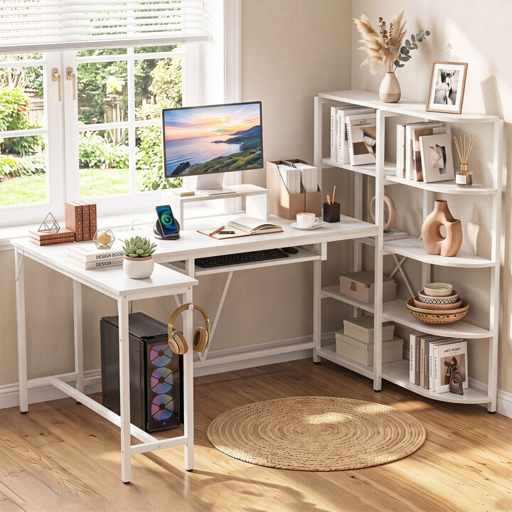 U Shaped Computer Desk with 5 Tier Storage Bookshelf and Keyboard Tray
