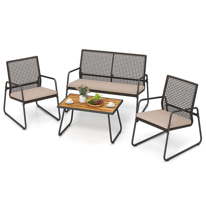 4-Piece Mix Brown Outdoor Furniture Set with Acacia Table and Zippered Cushions image number 6
