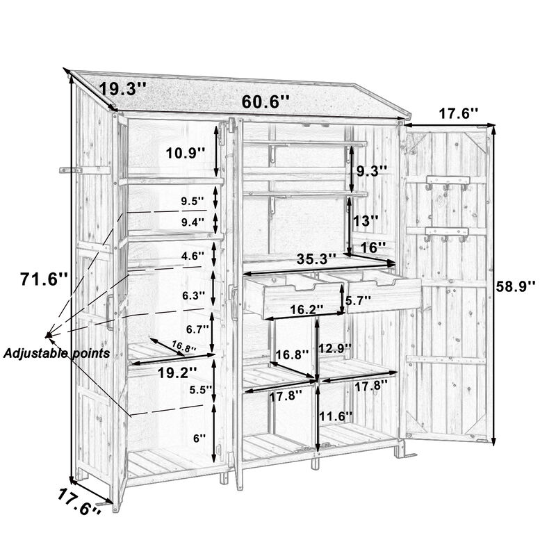 Whisen 60.6" Rustic Fir Wood Garden Shed with 2 Drawers, 7 Shelves & Workstation, Outdoor Backyard Storage Cabinet image number 9