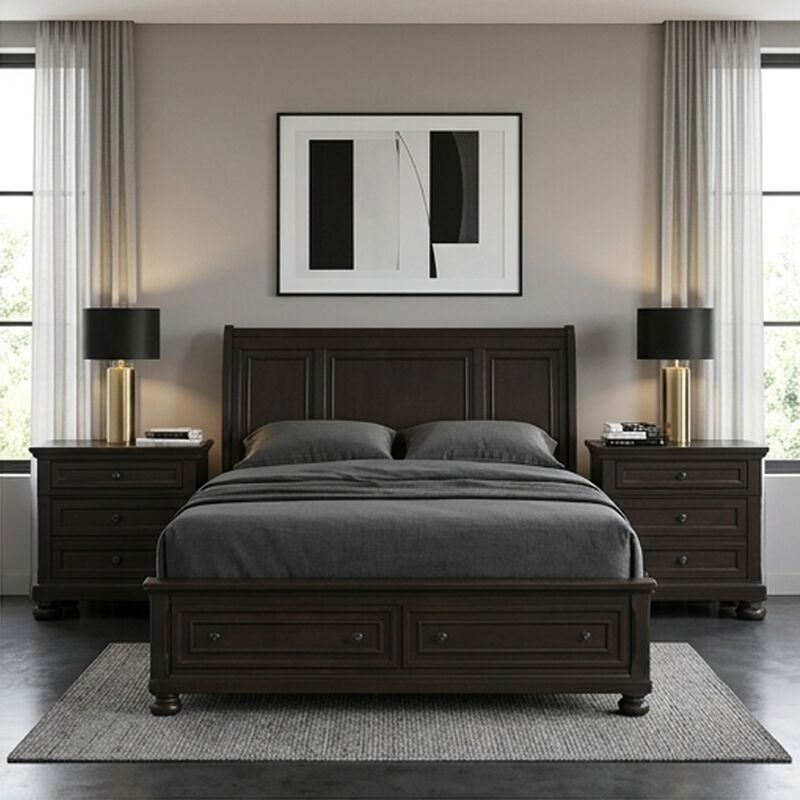 Queen Size Bedroom Set, Brown Finish, Storage Bed with Drawers, 3-Piece Set with Bed and Two Nightstands image number 8