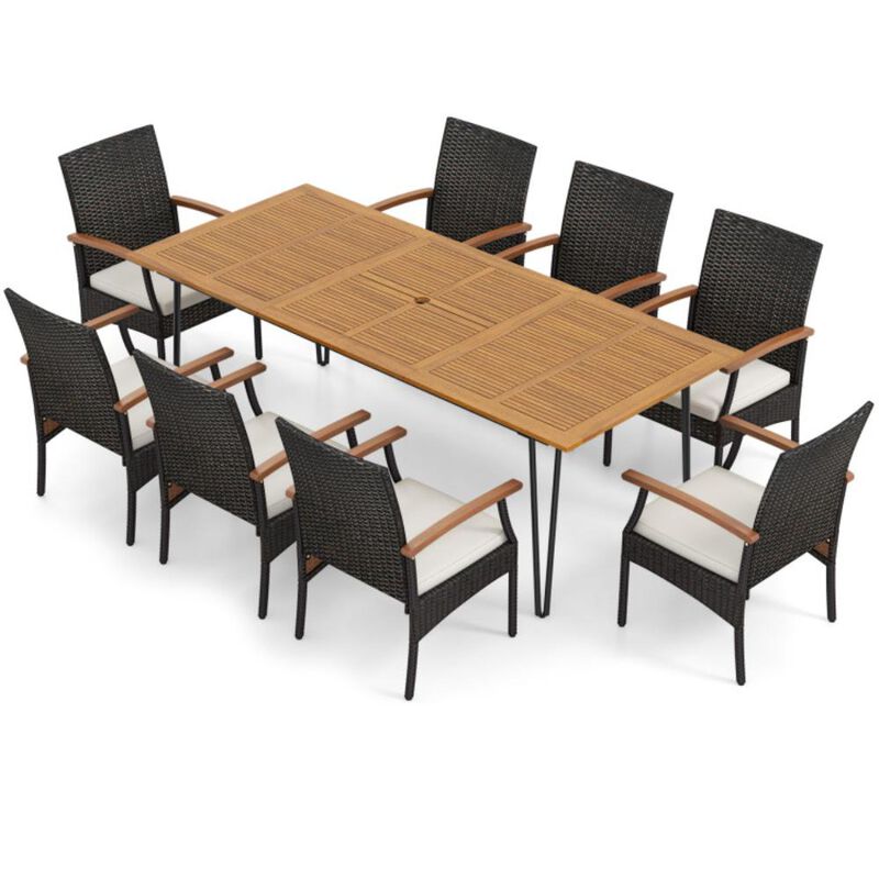 Hivvago 9 Pieces Outdoor Patio Dining Set with Acacia Wood Square Table and Umbrella Hole