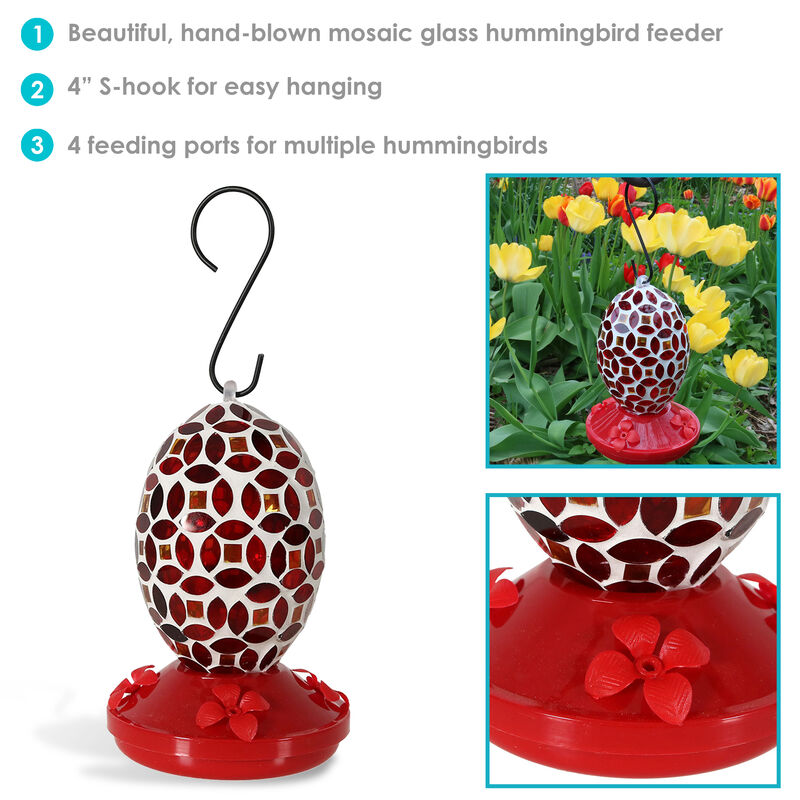 Sunnydaze Glass Oval Mosaic Flower Outdoor Hummingbird Feeder - 7 in - Red
